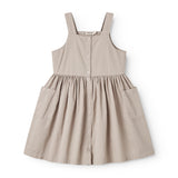 Gray sleeveless dress for children with wide stripes, buttons, and pockets.