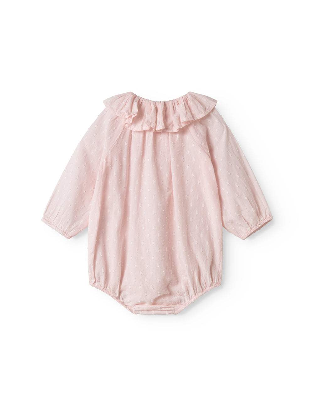 Lyserød baby heldragt med lange ærmer og flæsekrave