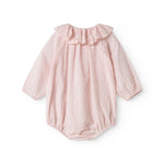 Lyserød baby heldragt med lange ærmer og flæsekrave