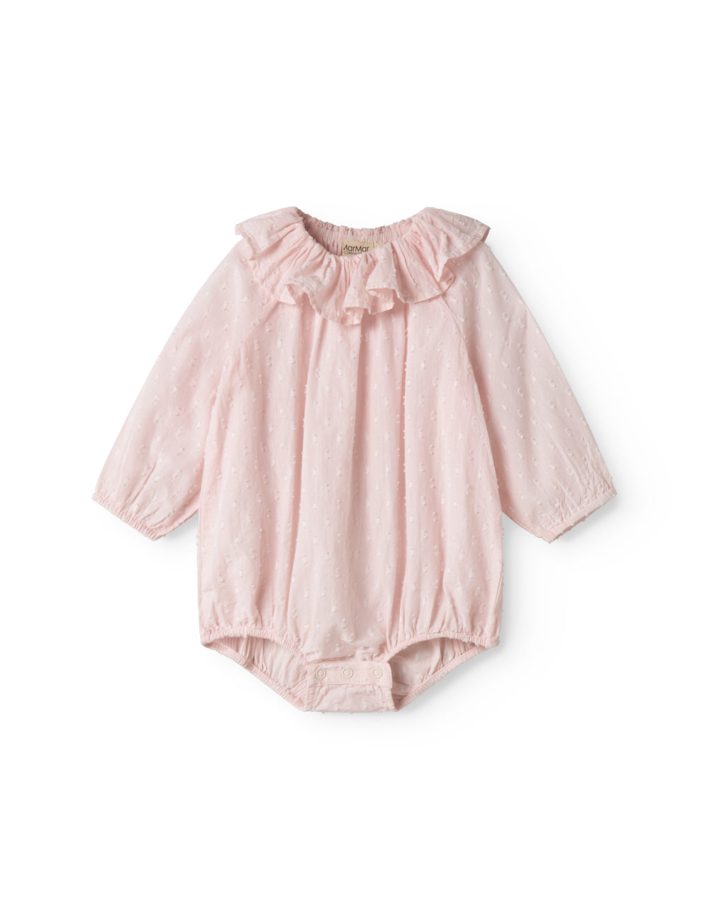 Red baby onesie with long sleeves and a peter pan collar.