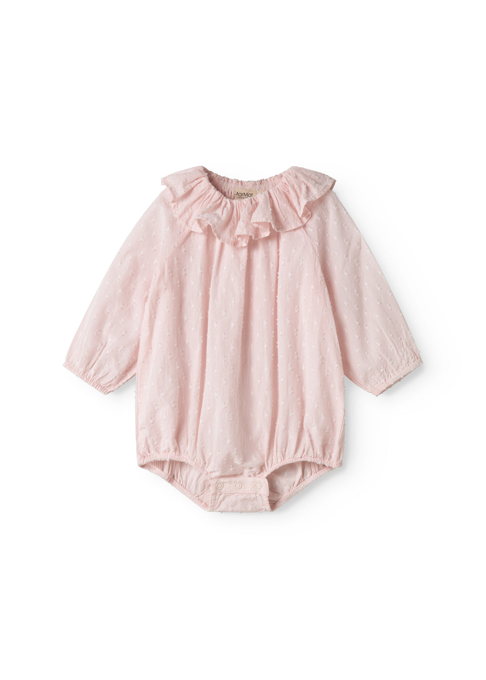 Red baby onesie with long sleeves and a peter pan collar.