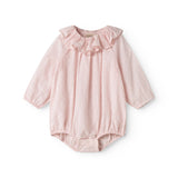 Red baby onesie with long sleeves and a peter pan collar.