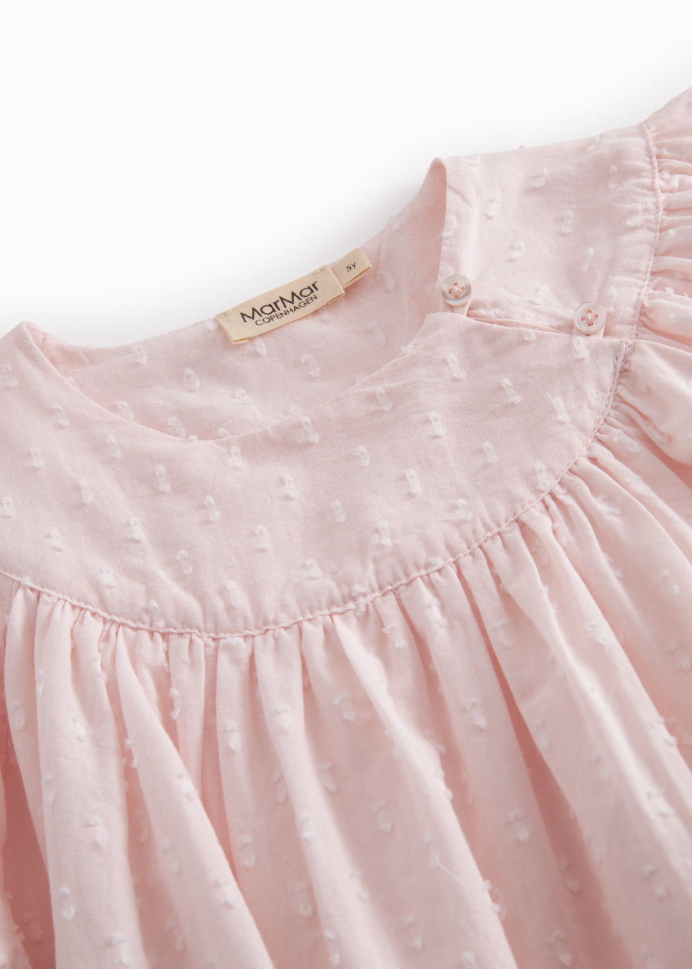 Lyserød børnekjole med lange ærmer og rynket hals