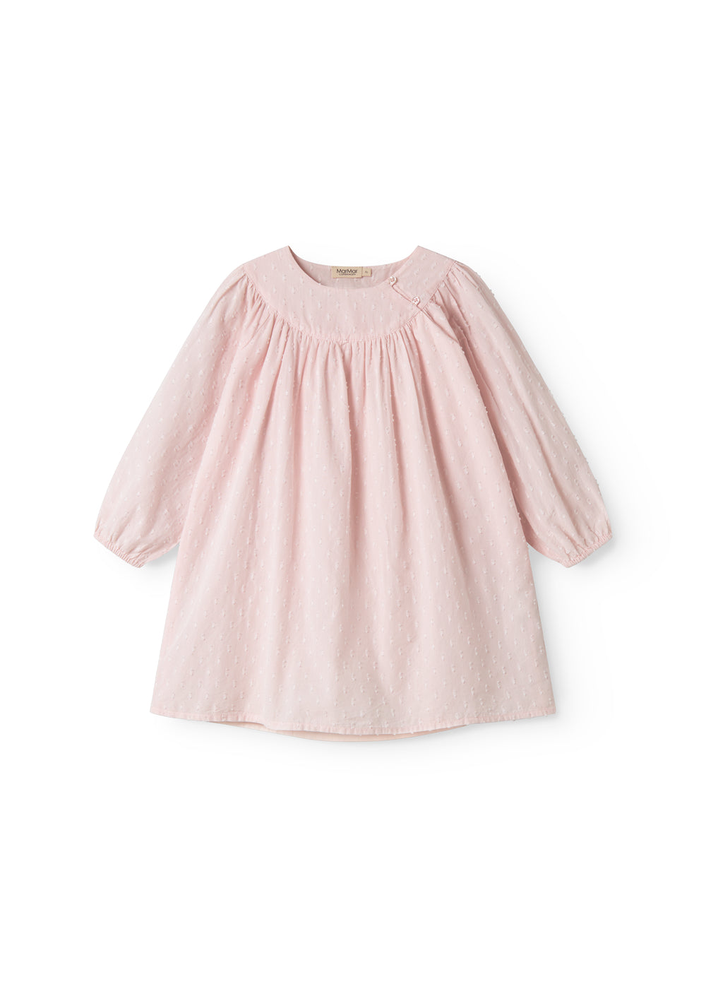 Red children's dress with long sleeves and ruffled collar.