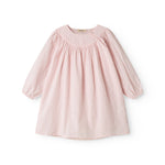 Red children's dress with long sleeves and ruffled collar.