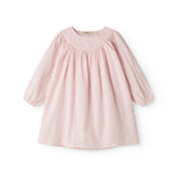 Red children's dress with long sleeves and ruffled collar.