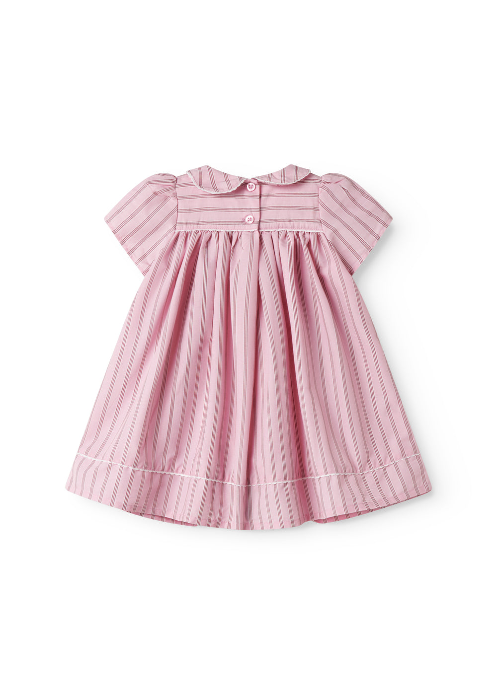 Lyserød kortærmet baby kjole med fine striber og picotkanter