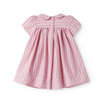Lyserød kortærmet baby kjole med fine striber og picotkanter