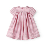 Lyserød kortærmet baby kjole med fine striber og picotkanter
