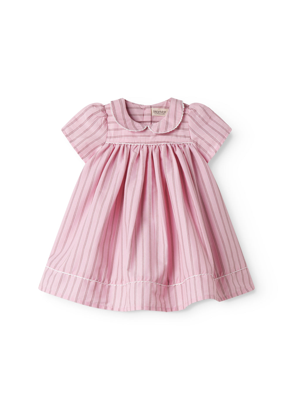 Red short-sleeved baby dress with fine stripes and picot edges.