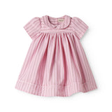 Red short-sleeved baby dress with fine stripes and picot edges.