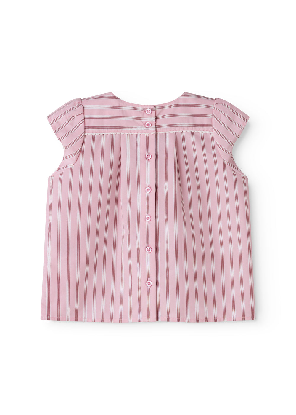 Lyserød t-shirt med fine striber og læg foran til baby