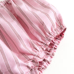 Lavender-striped baby bloomers with elastic at the waist.