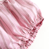 Lavender-striped baby bloomers with elastic at the waist.