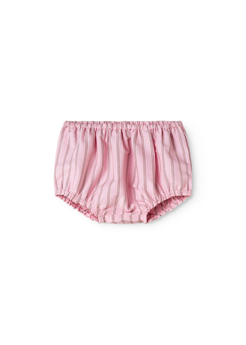 Lavender-striped baby bloomers with elastic at the waist.