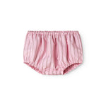 Lavender-striped baby bloomers with elastic at the waist.