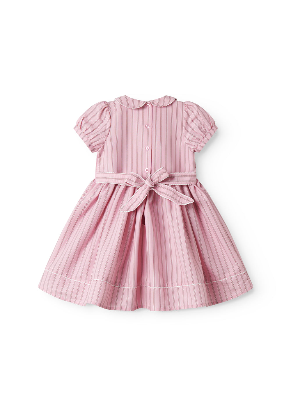 Kortærmet lyserød kjole med striber til børn, med krave og picotkanter, bindebånd i taljen og knaplukning bagpå