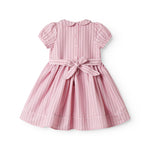Kortærmet lyserød kjole med striber til børn, med krave og picotkanter, bindebånd i taljen og knaplukning bagpå