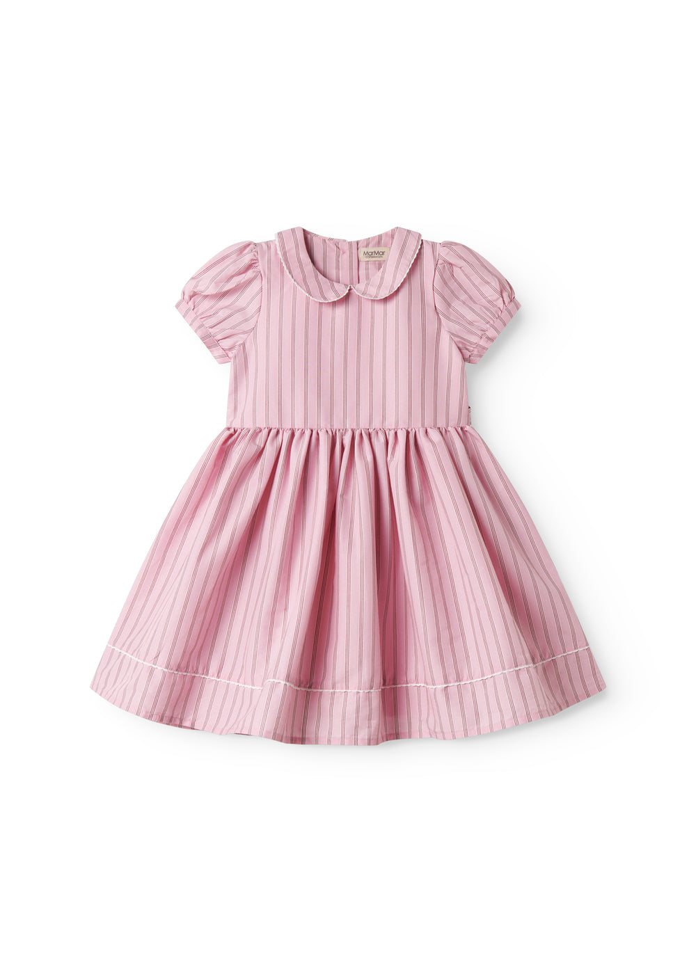 Short bright red dress with stripes for children, with a collar and picot edges, ribbon at the waist, and back zipper closure.