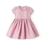 Short bright red dress with stripes for children, with a collar and picot edges, ribbon at the waist, and back zipper closure.
