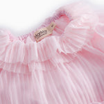 Red long-sleeved baby dress in pleated tulle with multiple layers.