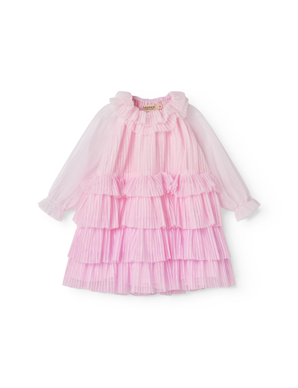 Red long-sleeved baby dress in pleated tulle with multiple layers.