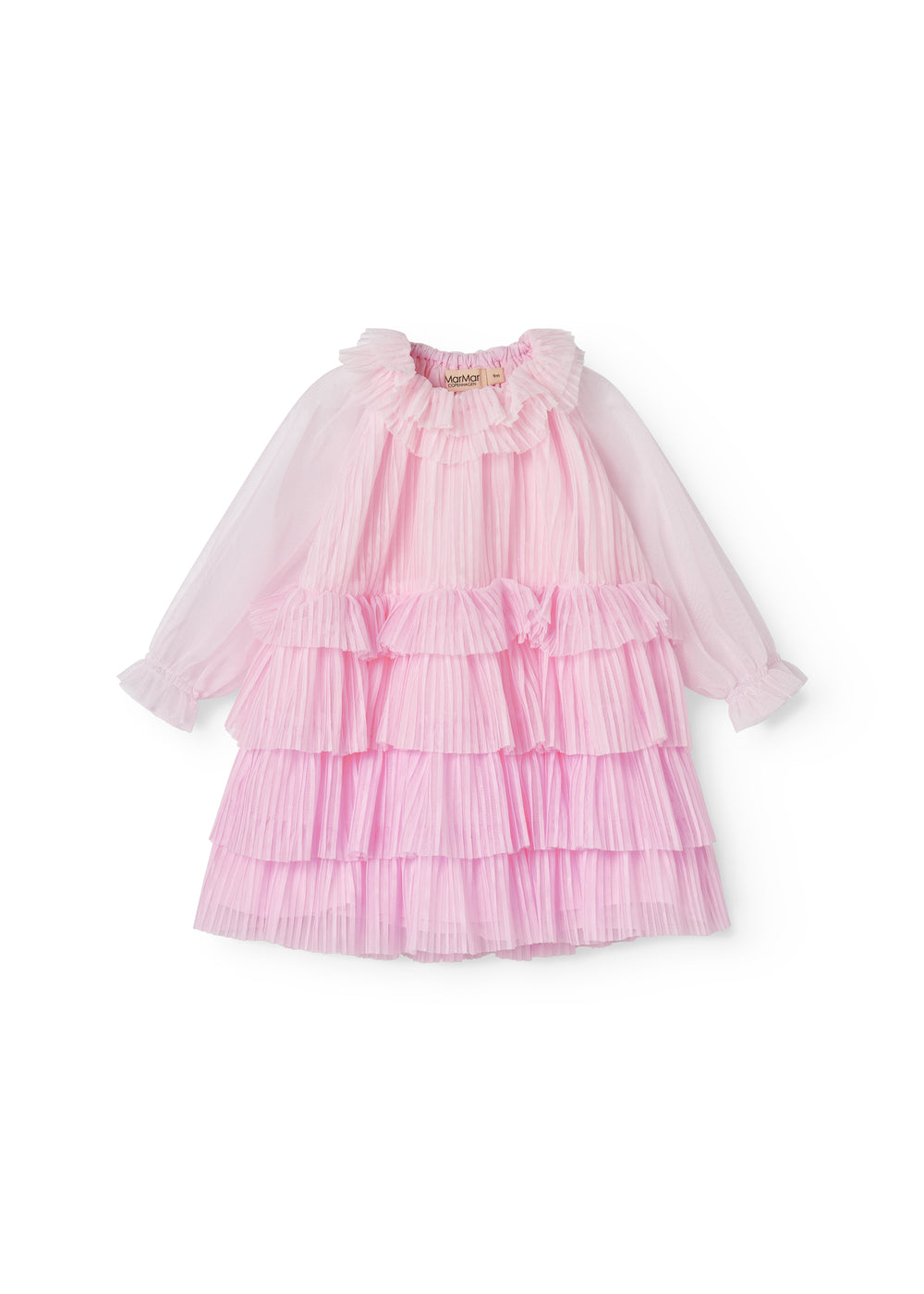 Red long-sleeved baby dress in pleated tulle with multiple layers.