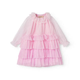 Red long-sleeved baby dress in pleated tulle with multiple layers.