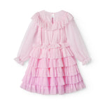 Lyserød langærmet kjole til børn i plisseret tyl med flere lag