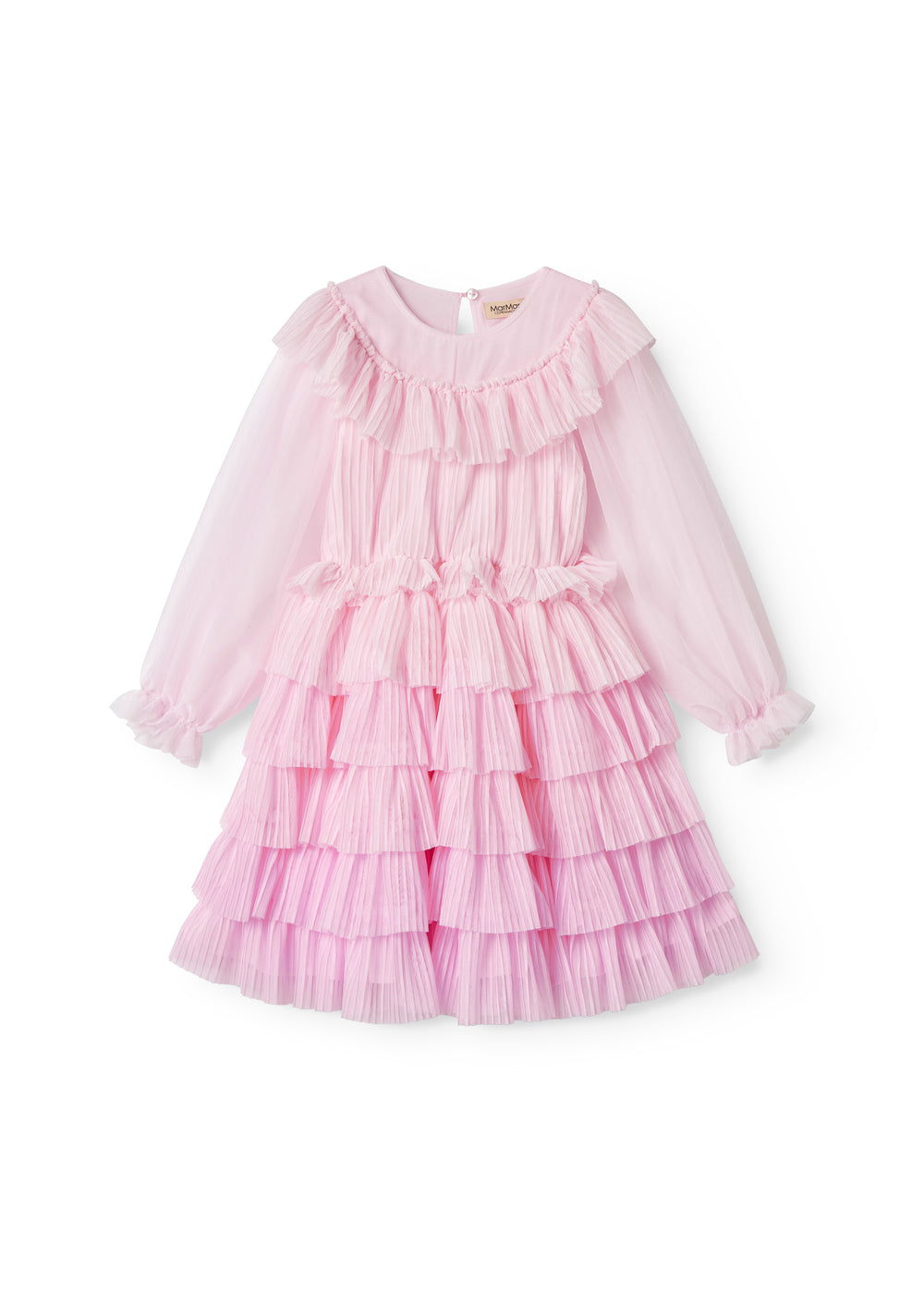 Red long-sleeved dress for children in pleated tulle with multiple layers.