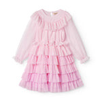 Red long-sleeved dress for children in pleated tulle with multiple layers.