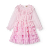 Red long-sleeved dress for children in pleated tulle with multiple layers.