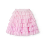 Red lower part for children in light, pleated tyl with multiple layers.