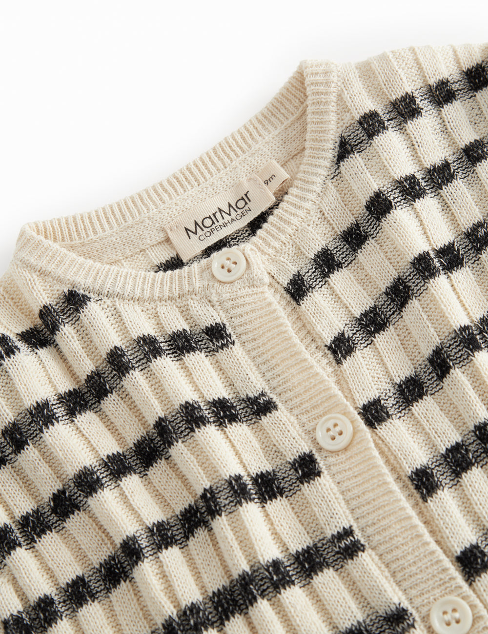 Striped baby cardigan with round neck, stripes, and button closure.