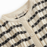 Striped baby cardigan with round neck, stripes, and button closure.