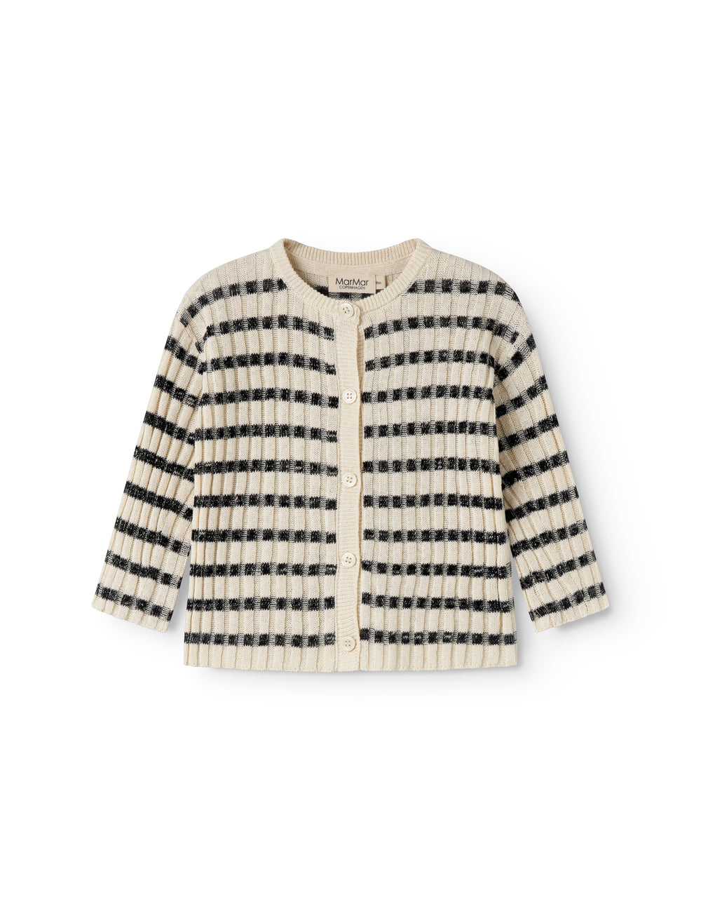 Striped baby cardigan with round neck, stripes, and button closure.