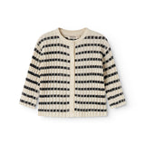 Striped baby cardigan with round neck, stripes, and button closure.