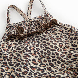 Bathroom wear for children with leopard pattern, narrow straps, and front flap.