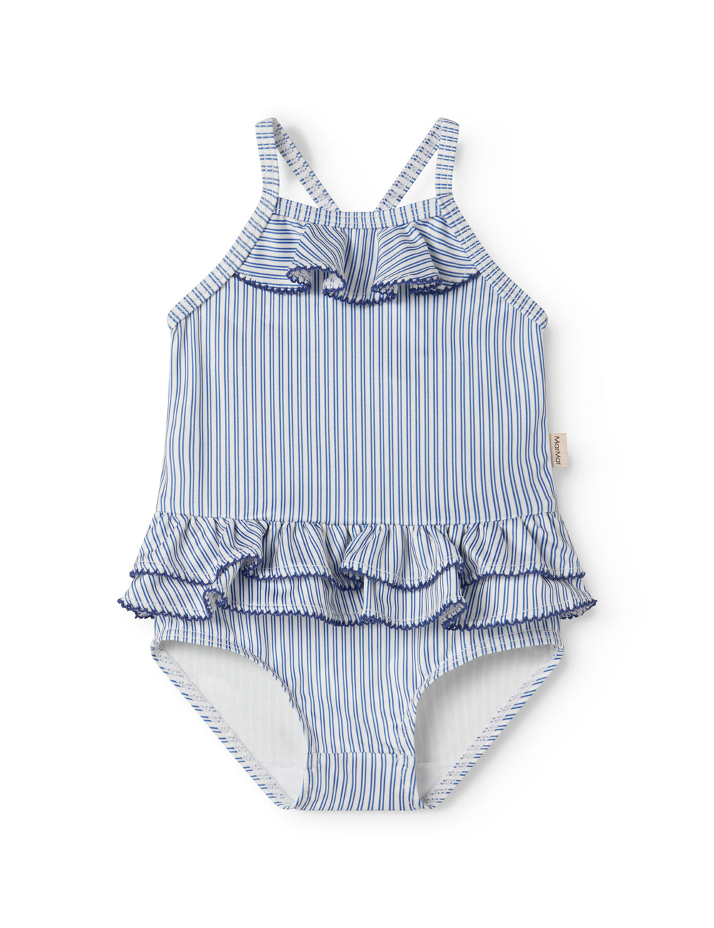 Children's swimwear with blue stripes and ruffles.