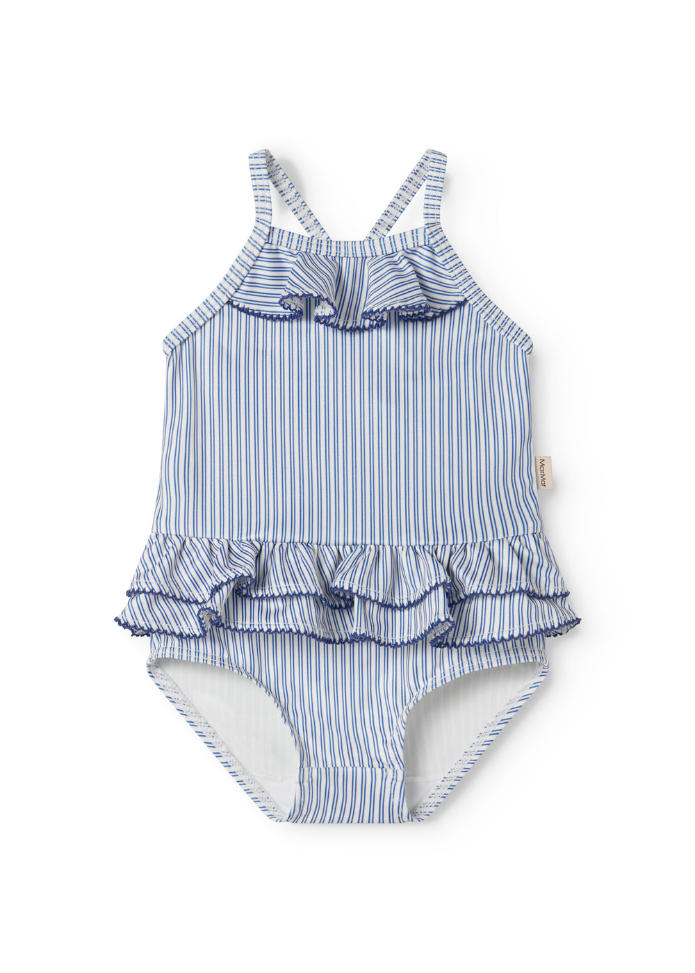 Children's swimwear with blue stripes and ruffles.
