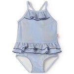 Children's swimwear with blue stripes and ruffles.