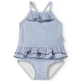 Children's swimwear with blue stripes and ruffles.