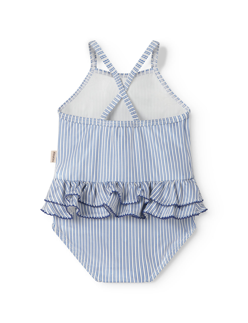 Children's swimwear with blue stripes and ruffles.