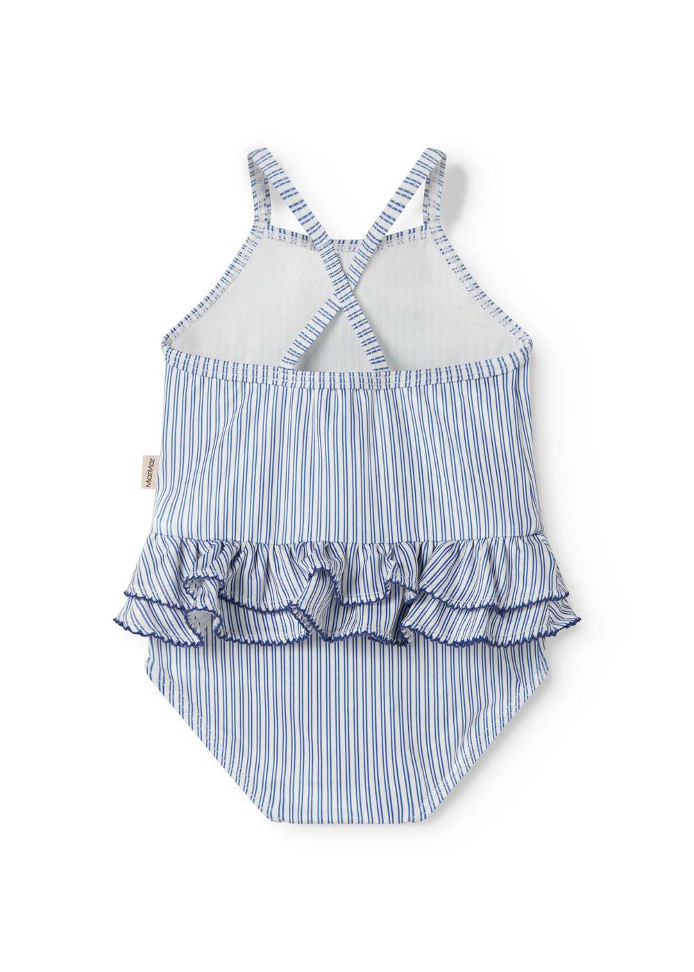 Children's swimwear with blue stripes and ruffles.