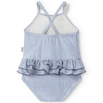 Children's swimwear with blue stripes and ruffles.