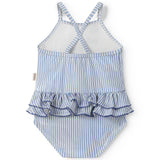 Children's swimwear with blue stripes and ruffles.