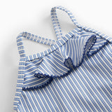 Children's swimwear with blue stripes and ruffles.