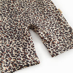 Bathing suit for children with brown leopard print and zipper.