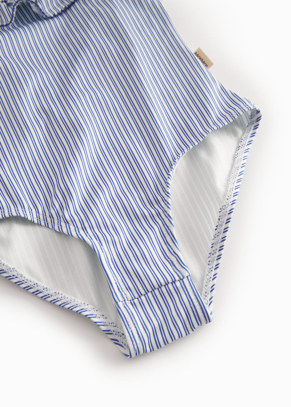 Children's swimwear with blue stripes and ruffles.