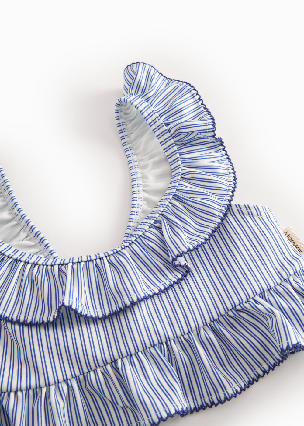 Bikini til børn med blå striber og flæser